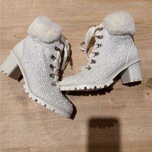 Lauren Lorraine White Fur-Trimmed Ankle Boots